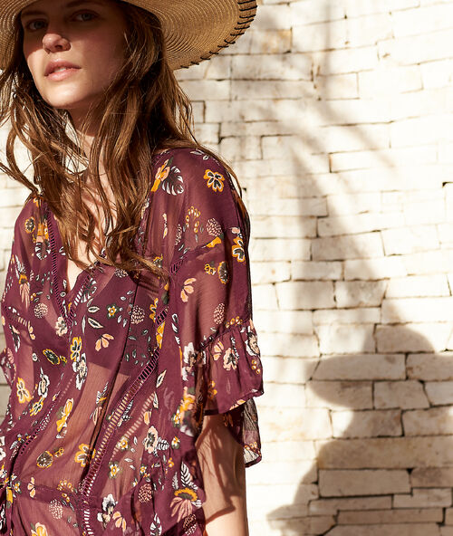 Vestido playero estampado floral ciruela.