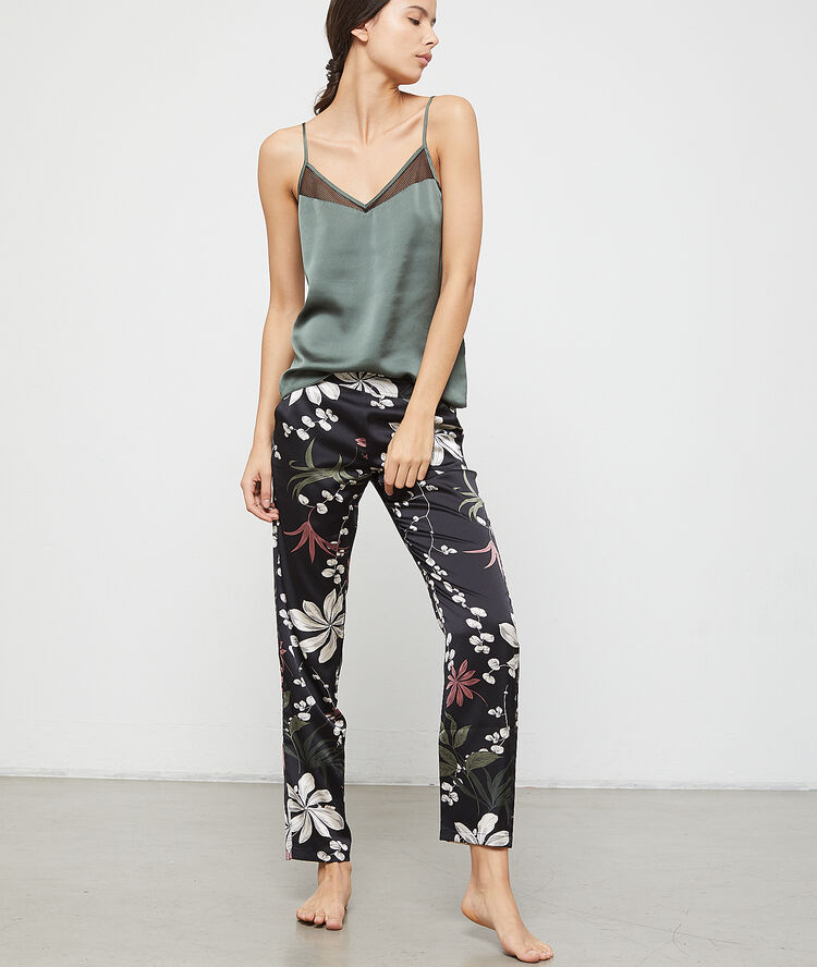 Pantalón de satén estampado floral negro.