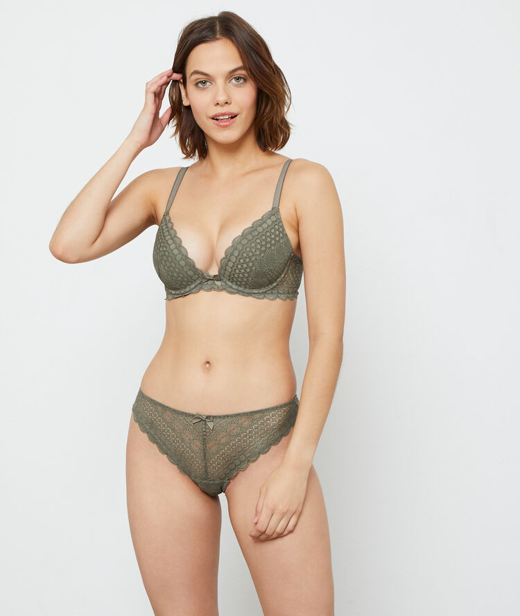 Tanga de encaje caqui.