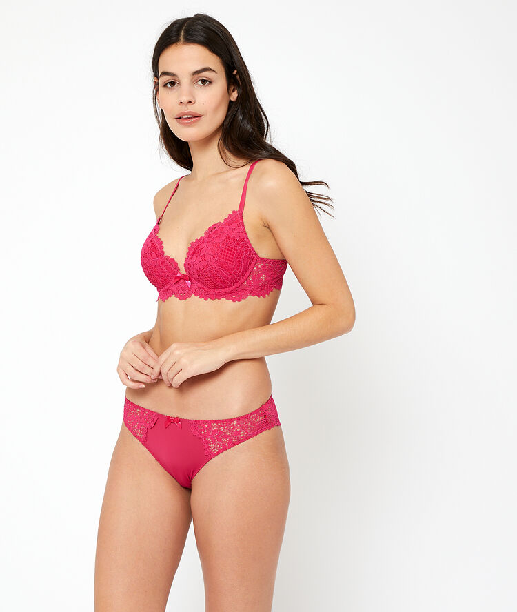 Sujetador push up de encaje floral. copa a-c rosa fucsia.