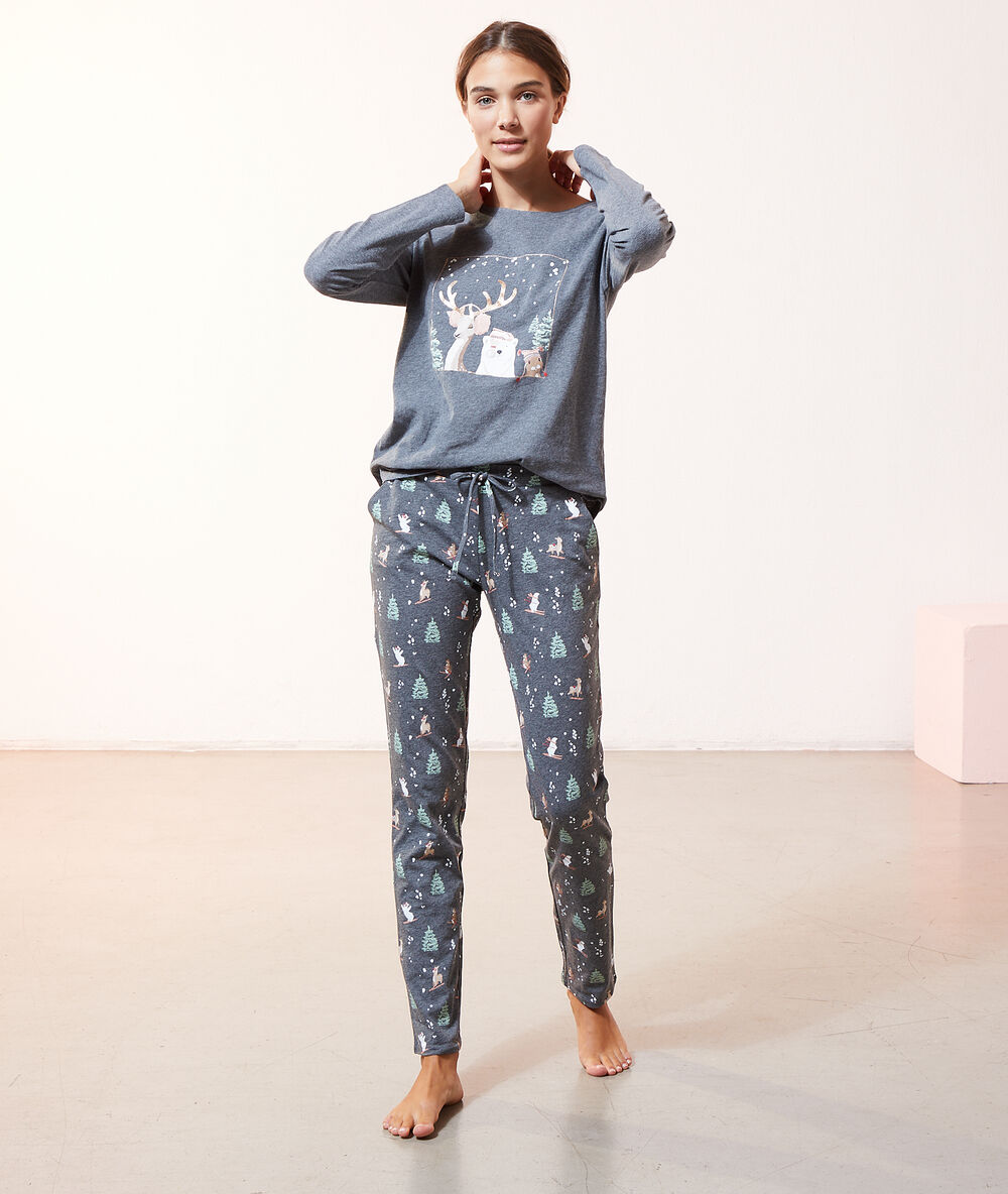 Pyjama 3 pièces imprimé, veste polaire gris.