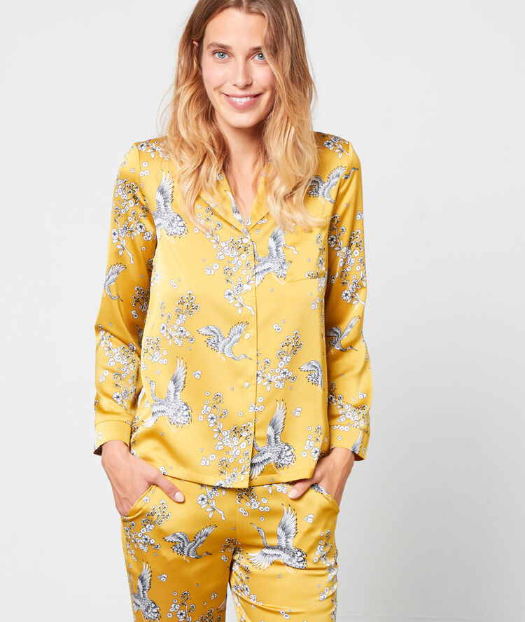 Pantalón de satén estampado pájaros anís.