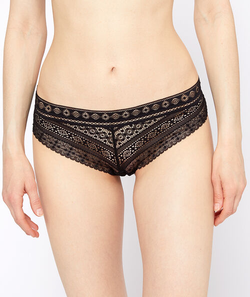 Braguita brasile&ntilde;a de encaje gr&aacute;fico negro.