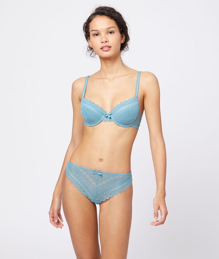 Tanga de encaje gráfico azul.
