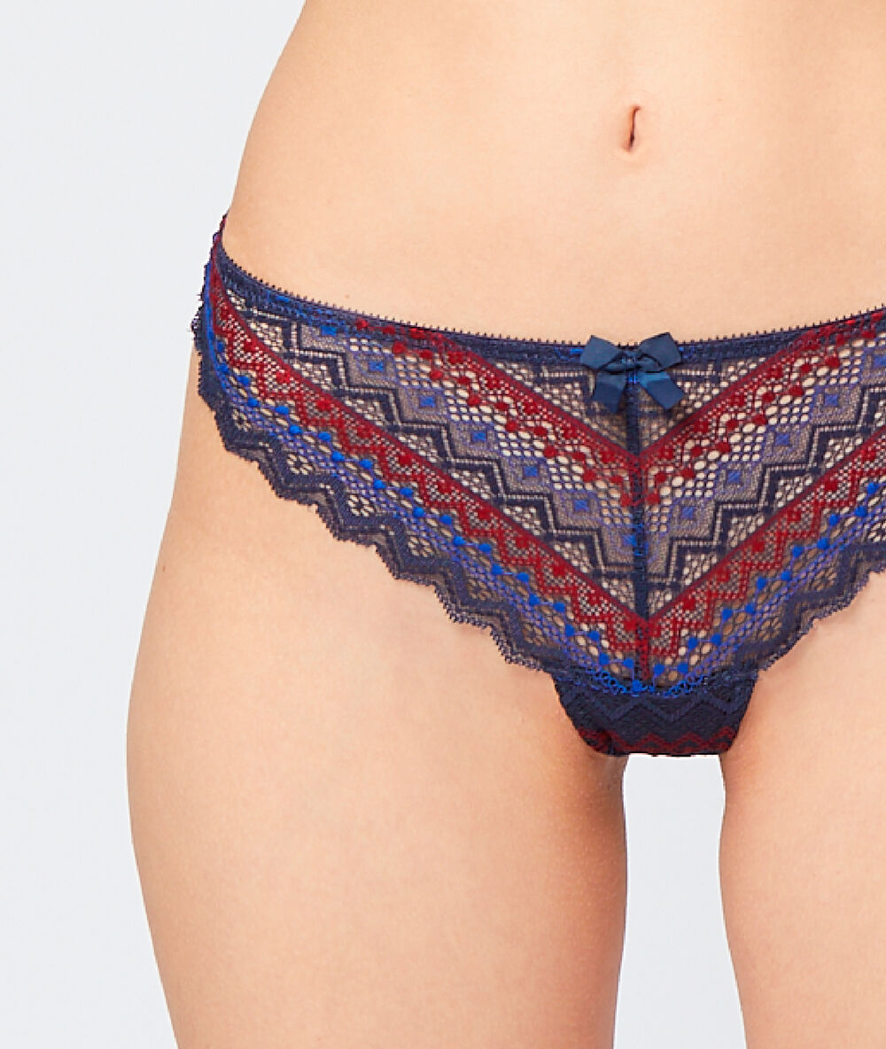 Tanga de encaje gráfico azul marino.