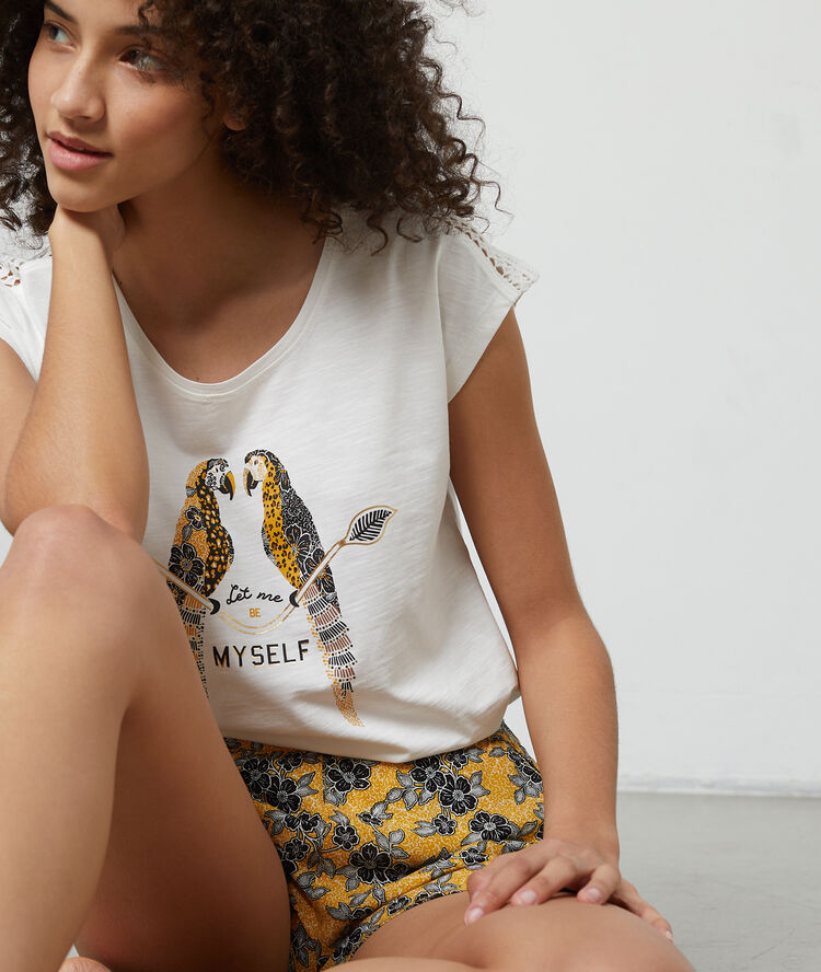 Camiseta de algodón estampado loros crudo.
