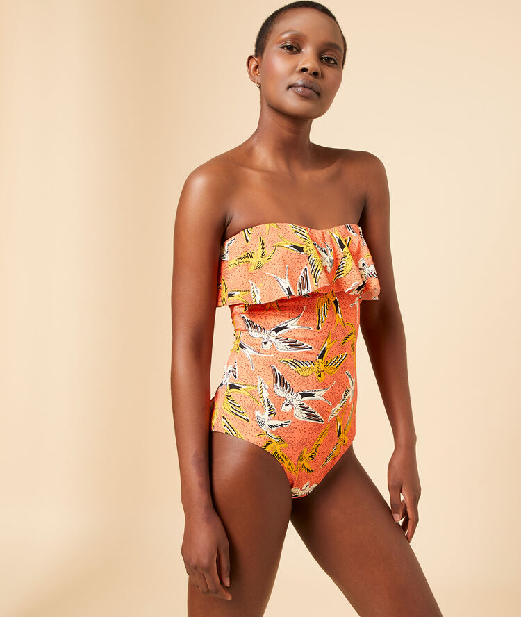 Bañador estampado pájaros, tirantes extraíbles coral.
