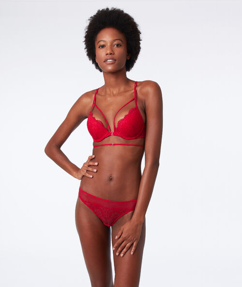 Sujetador push up de encaje y tiras decorativas. copa b-c rojo.
