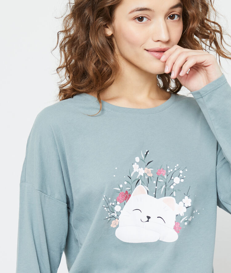 Camiseta manga larga gato caqui.