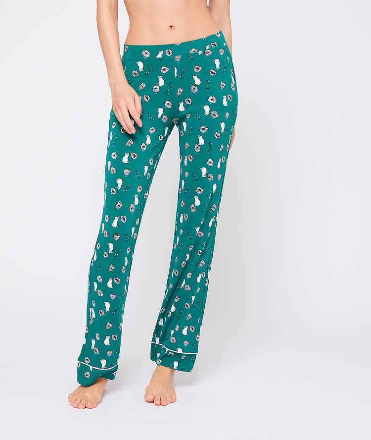 Pantalón estampado felinos. viscosa ecoresponsable verde.