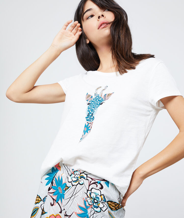 Camiseta de algodón estampado jirafa crudo.