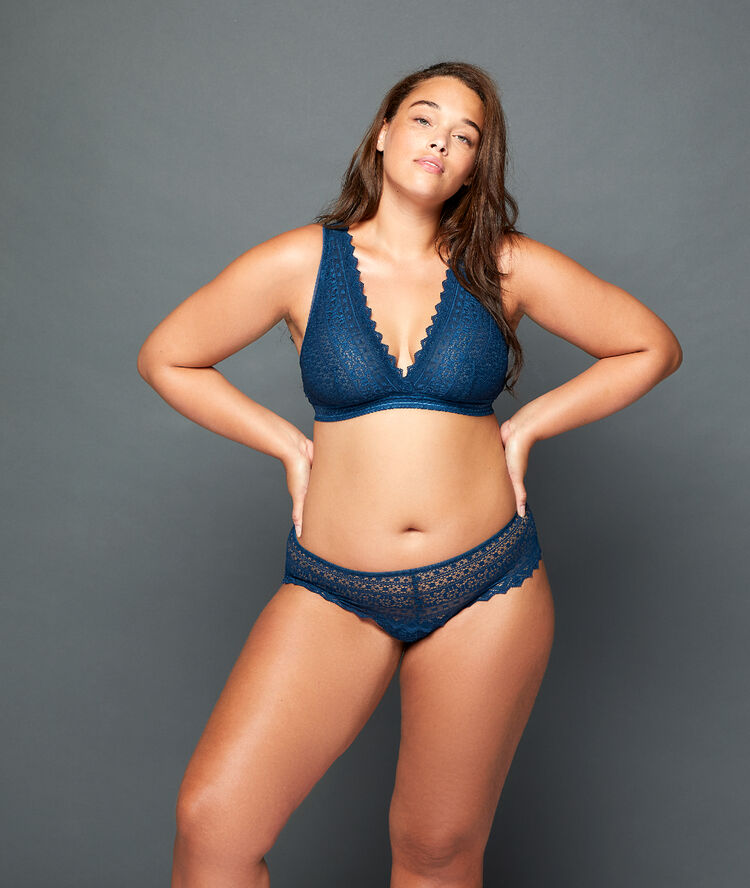 Bralette de encaje gráfico, abertura espalda turquesa.