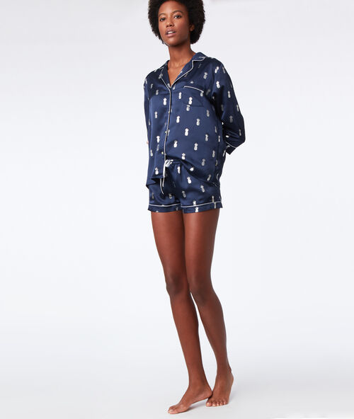 Camisa pijama piñas plateadas azul marino.