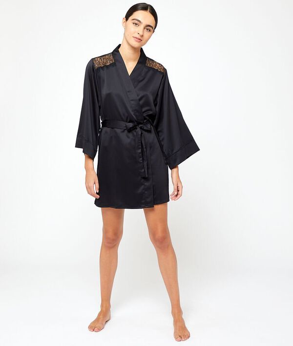 Kimono de satén motivos de encaje - CARMEN - M - Negro - Mujer - Etam