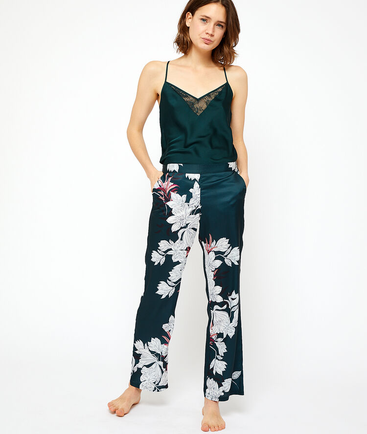 Pantalón pijama de satén estampado floral verde.