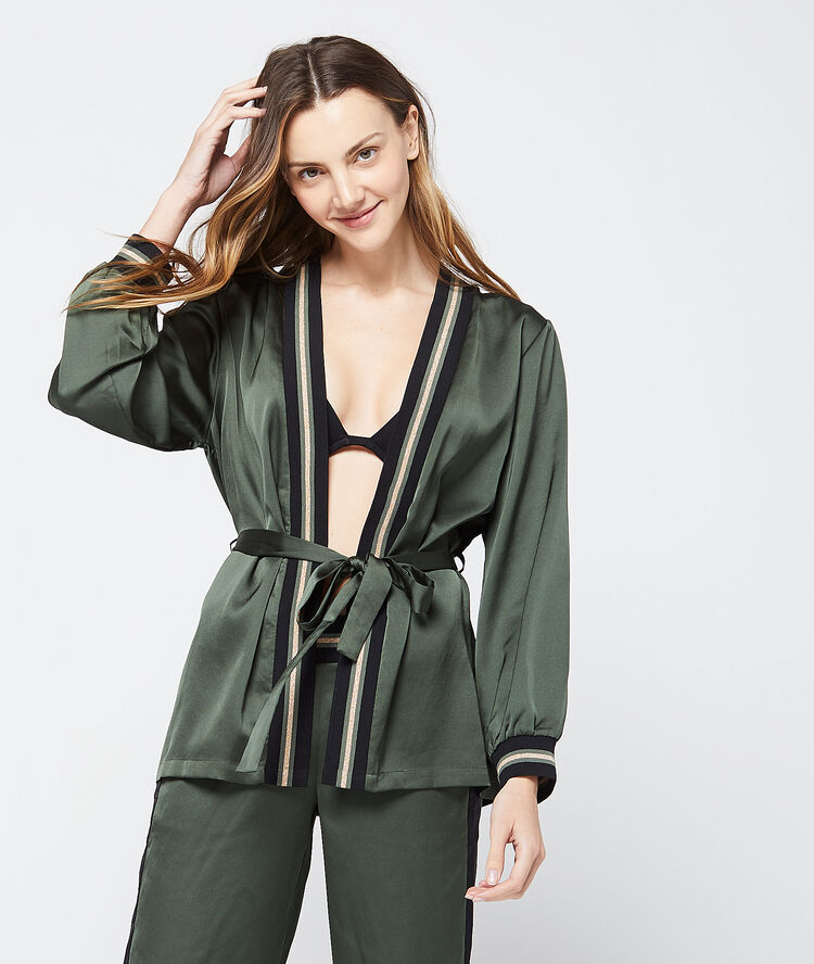 Kimono de satén franjas contrastadas caqui.
