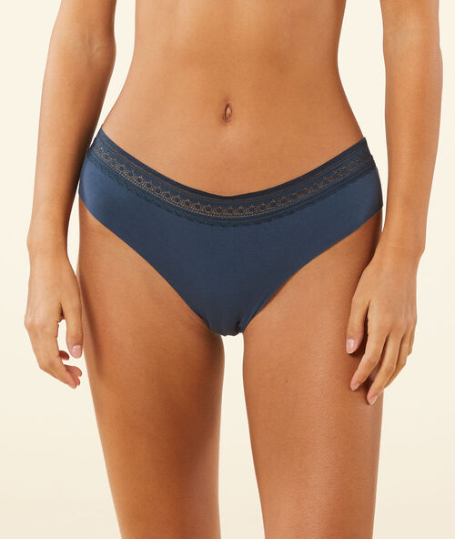 Culote de algod&oacute;n, motivos de encaje azul marino.