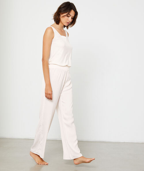 Pantalón recto de satén, cintura elástica rosa pálido.