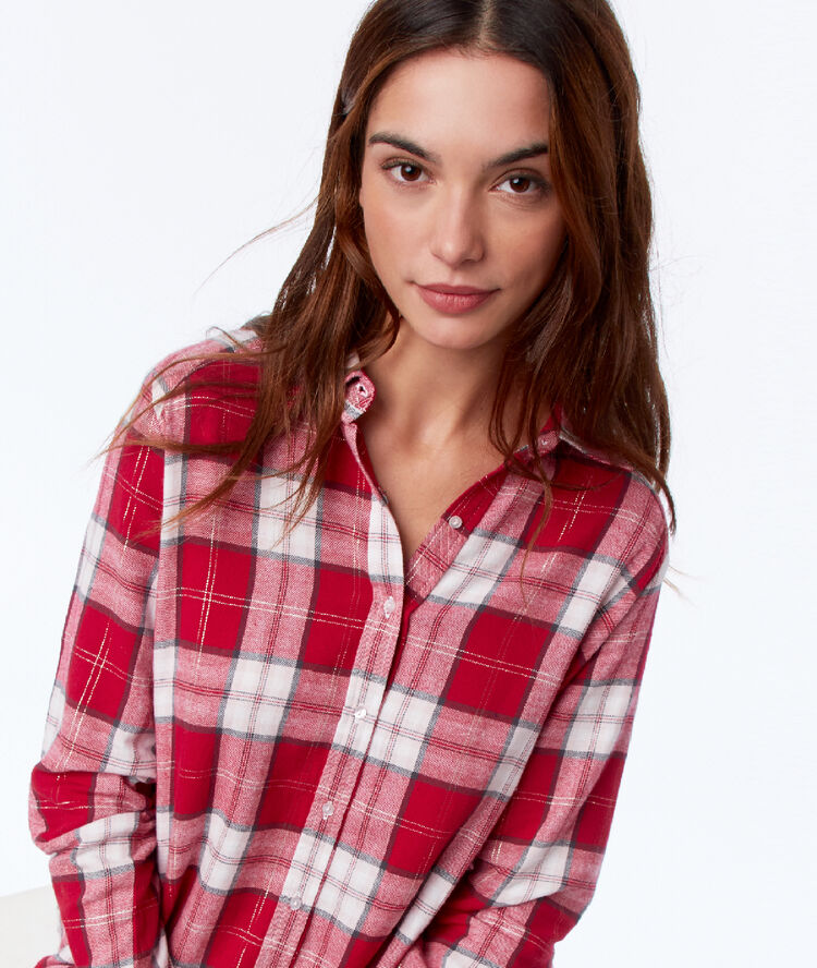 Camisón manga larga estampado de cuadros rojo.