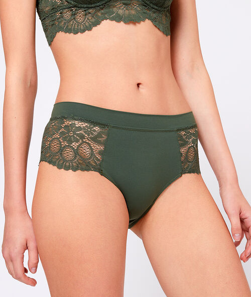 Culote de encaje floral y microfibra caqui.