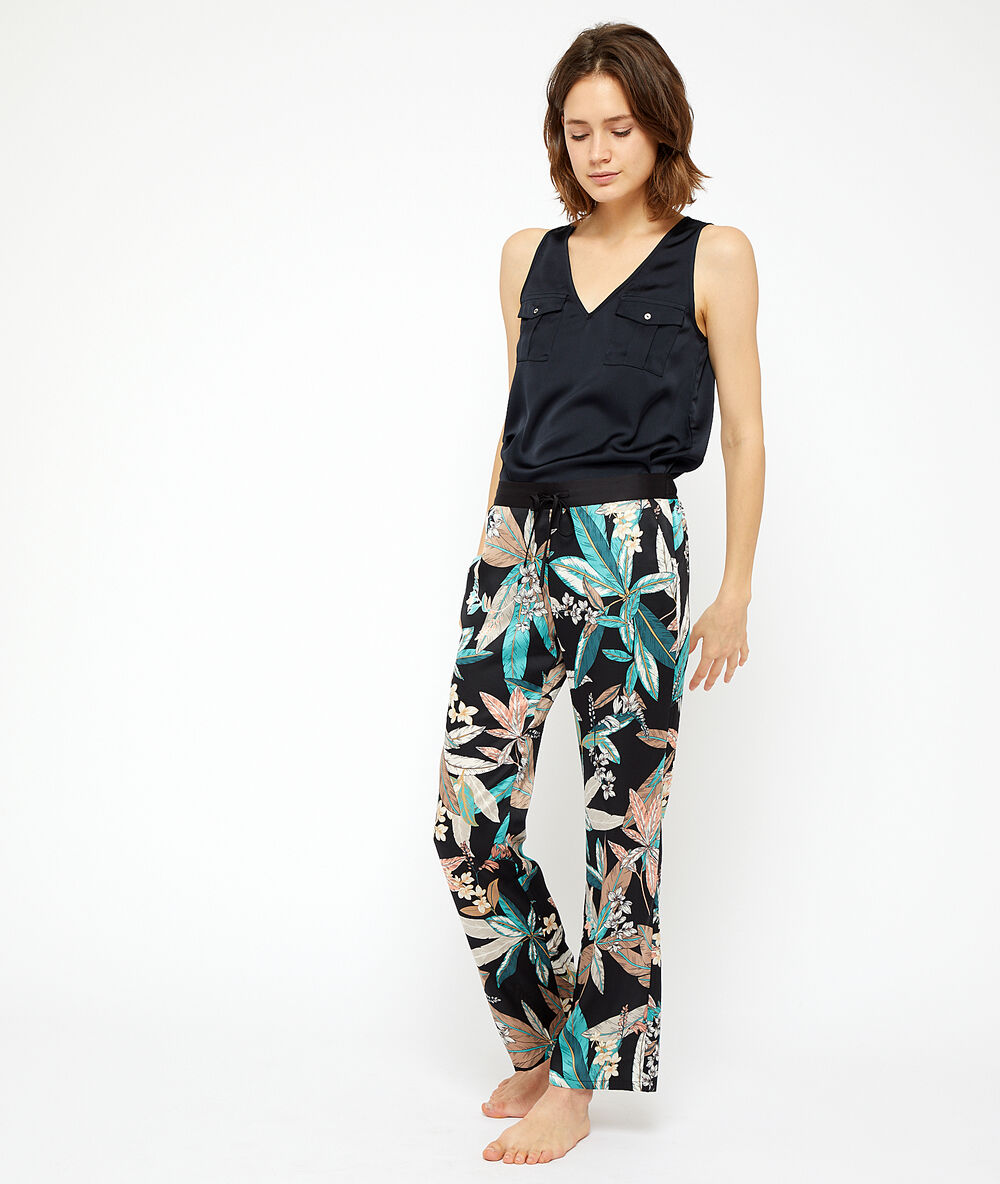 Pantalón pijama estampado tropical negro.