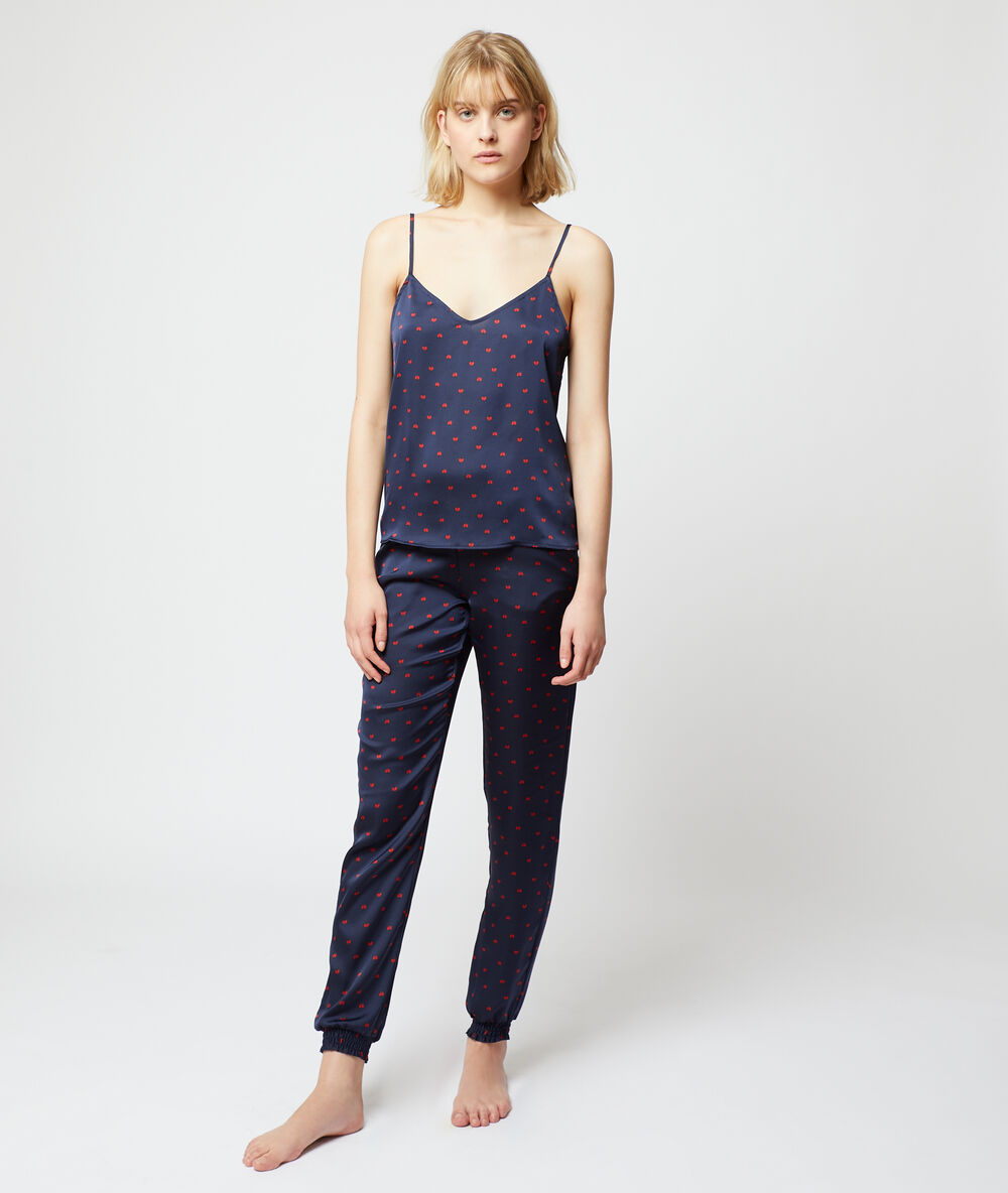 Pantalón de satén, estampado de lunares azul.
