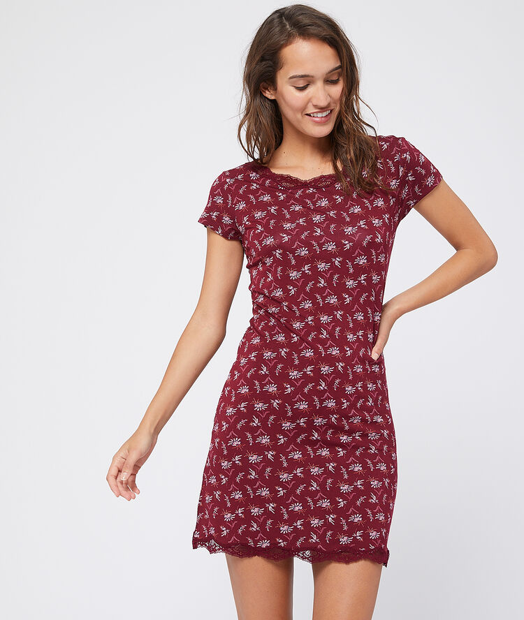 Camisón de viscosa estampado floral burdeos.