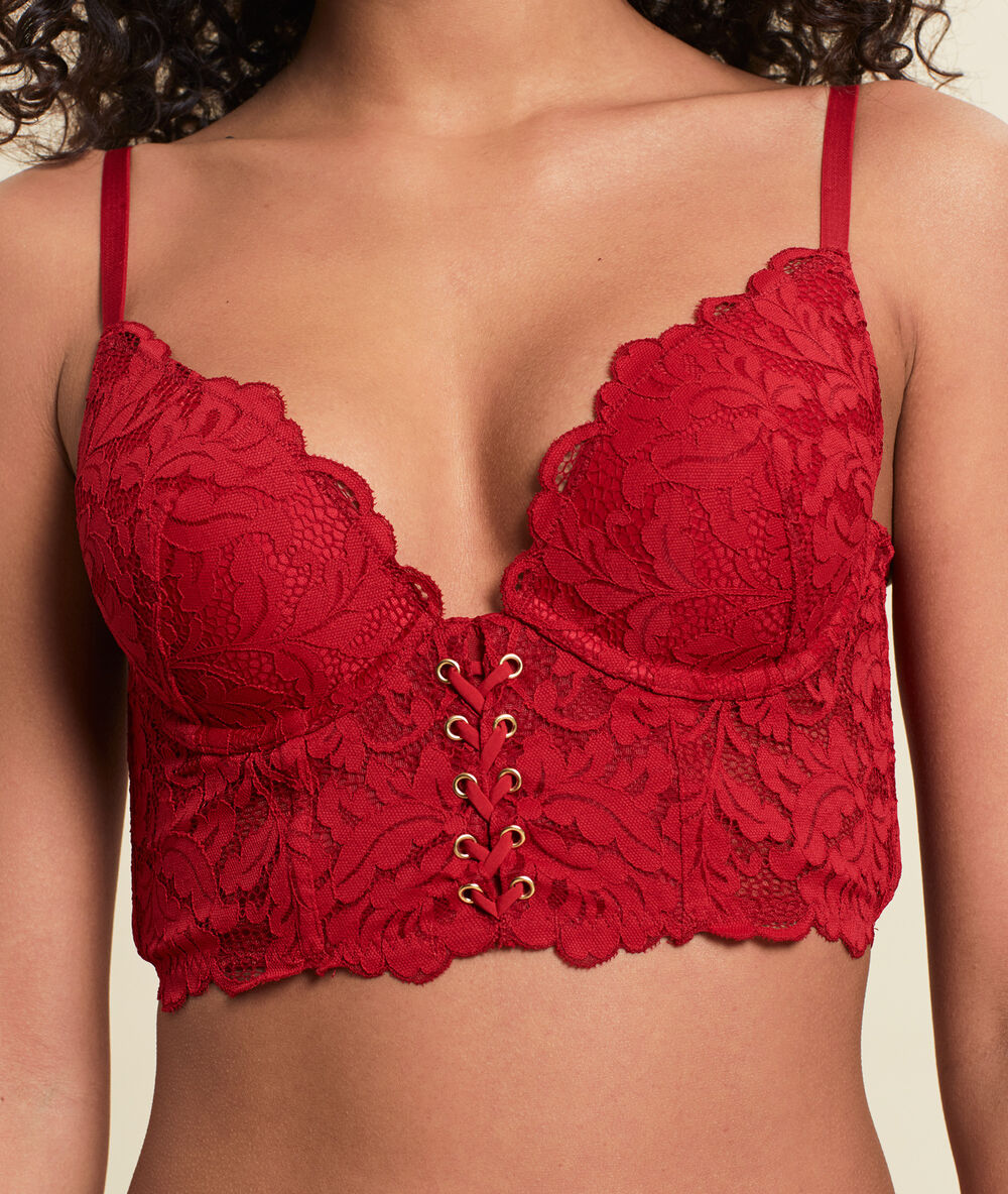 Sujetador push up tipo corpiño de encaje. copa b-c rojo.