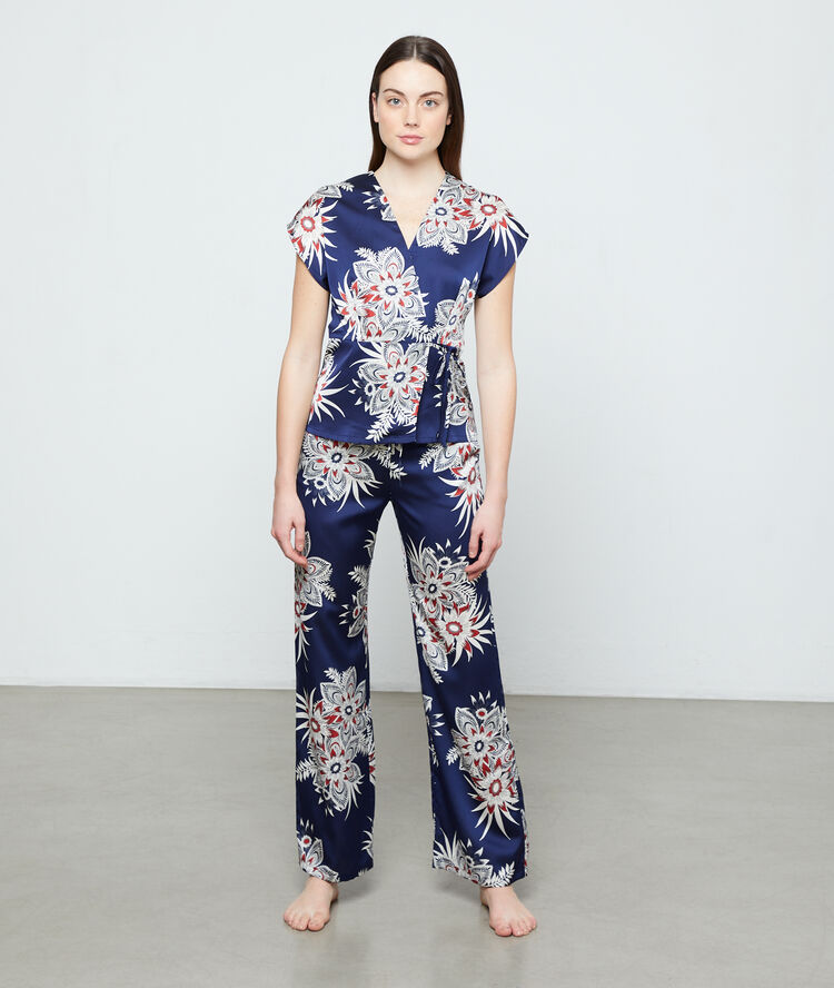 Pantalón satén estampado azul marino.