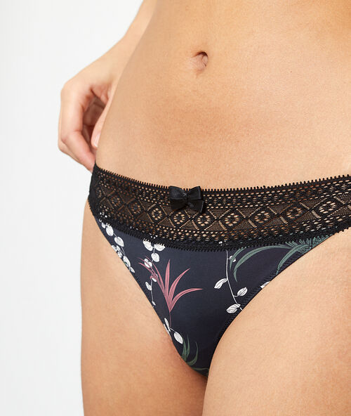 Tanga estampado floral negro.