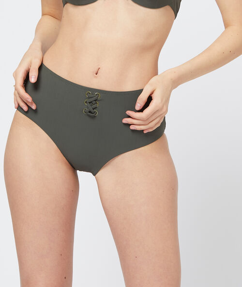 Braguita bikini talle alto cordones cruzados caqui.