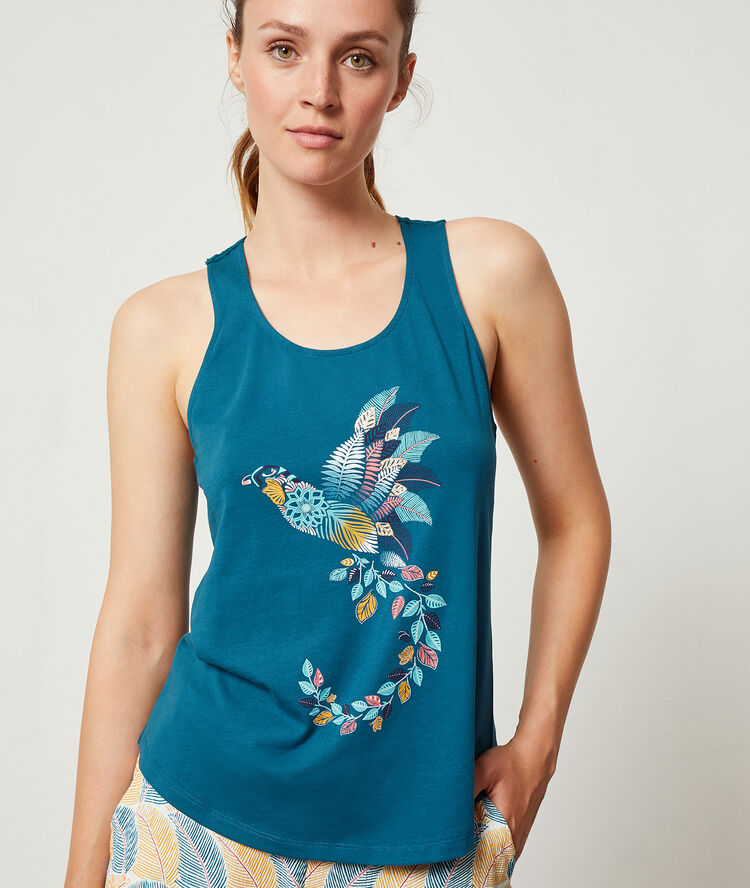 Top pájaro exótico turquesa.