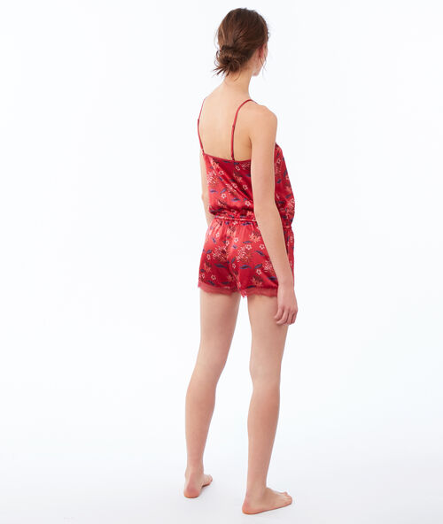 Mono corto satén estampado floral rojo.