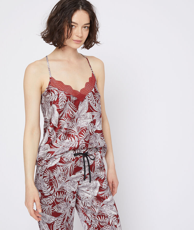 Top de satén estampado hojas rojo teja.