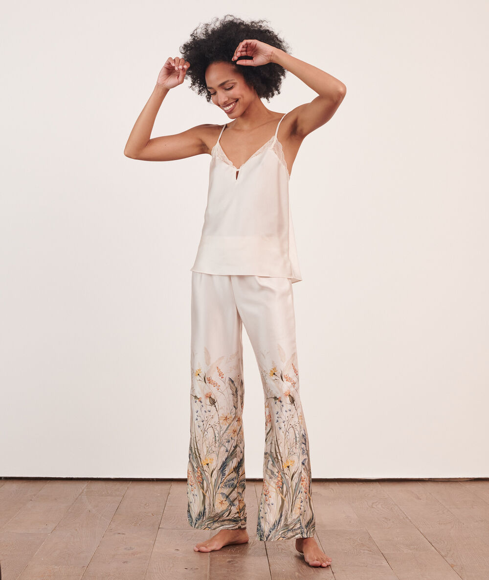Pantalón de satén estampado estampado crudo.