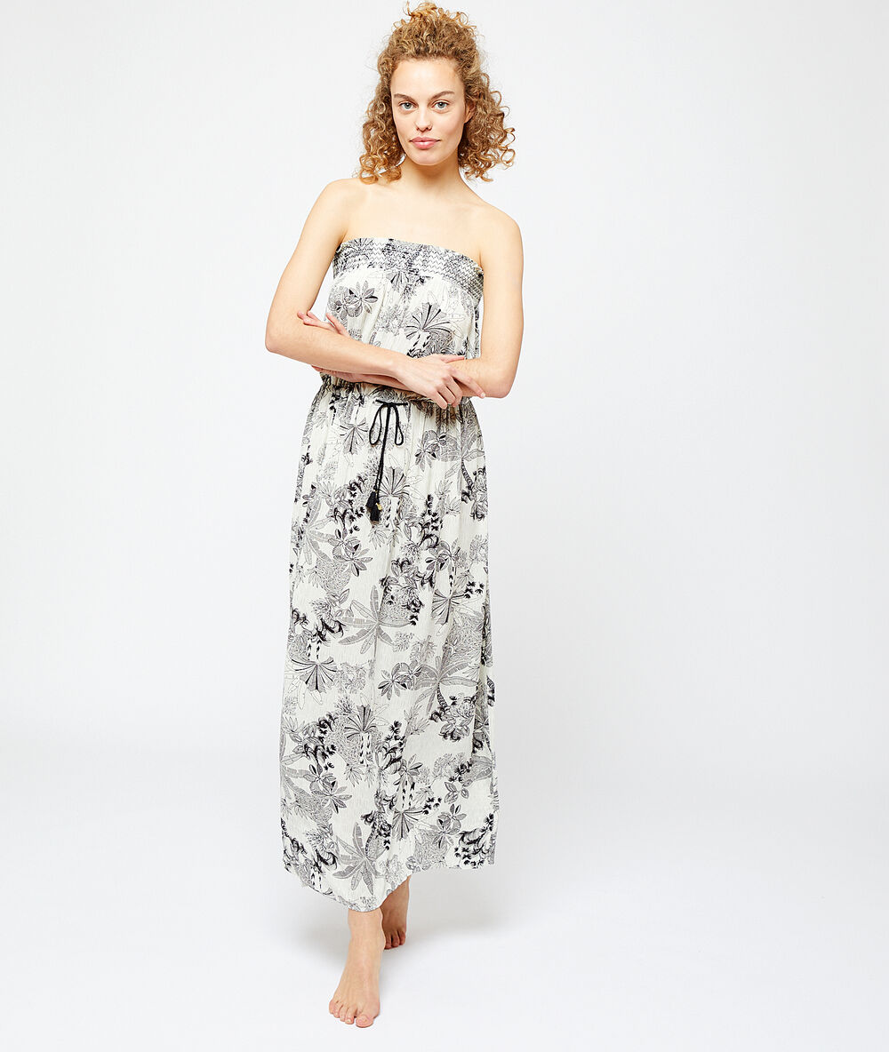 Camisón sin tirantes estampado tropical crudo.