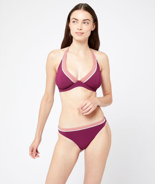 Sujetador bikini sin relleno bicolor. copa c-e ciruela.