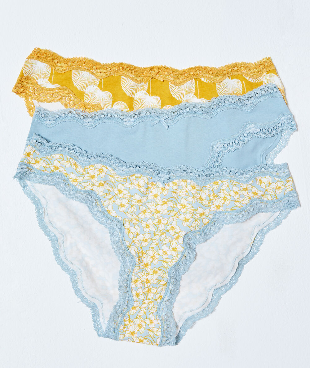 Lote de 3 braguitas estampadas amarillo pálido.