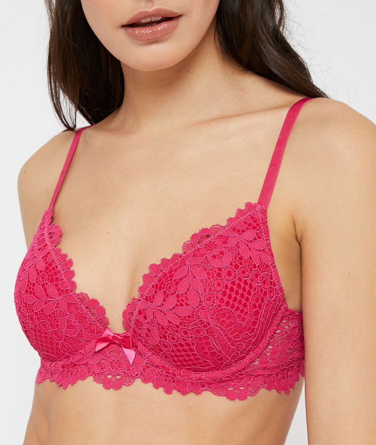 Sujetador push up de encaje floral. copa a-c rosa fucsia.