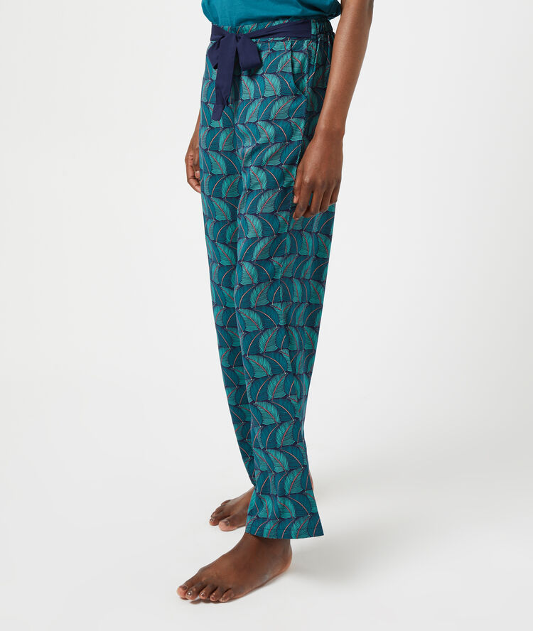 Pantalón estampado, anudado lazada turquesa.