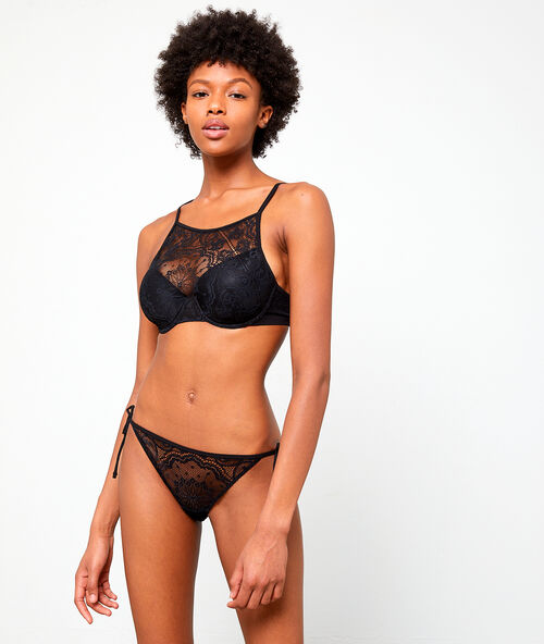 Braguita de encaje floral, anudada en los laterales negro.