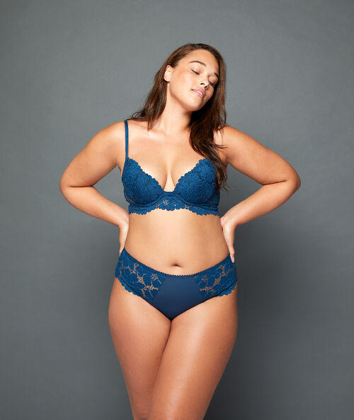 Sujetador push up de encaje floral. copa b-c azul.