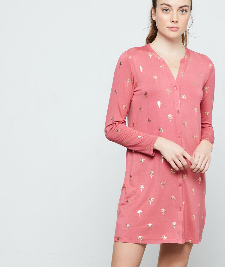 Camisón manga larga estampado palmeras rosa.