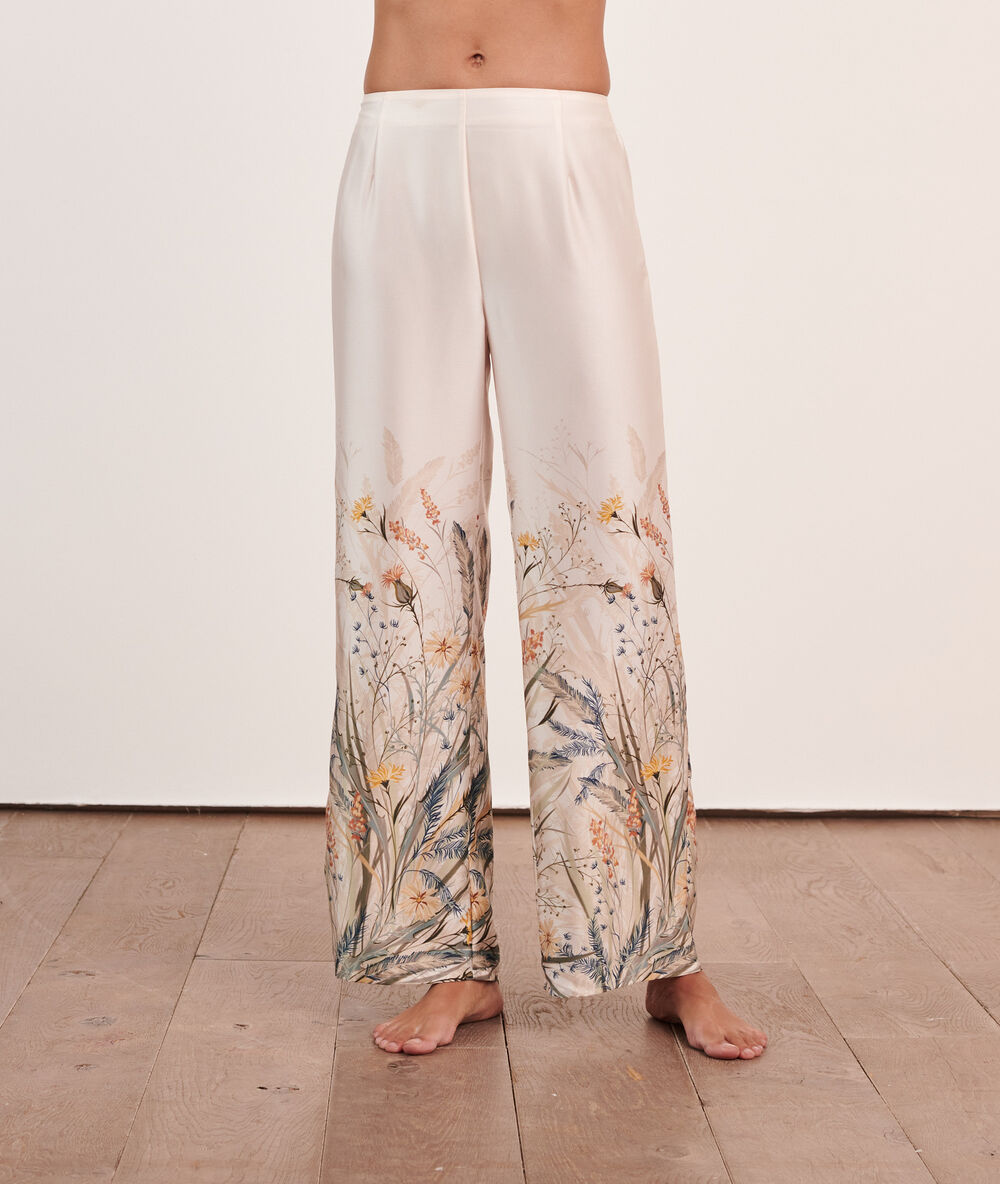 Pantalón de satén estampado estampado crudo.