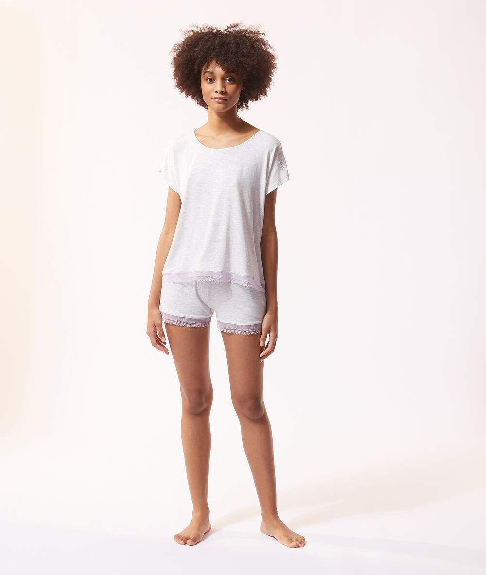 Camiseta lisa con motivos de encaje c.gris.