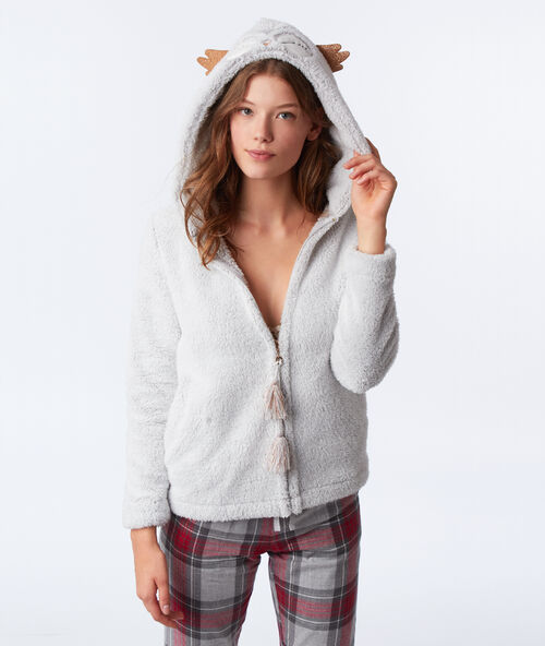 Chaqueta tejido peluche búho gris.