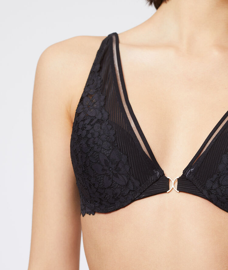 Sujetador triangular push up de encaje floral. copa b-c negro.