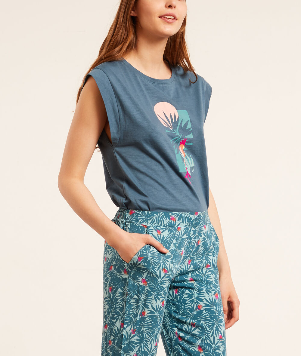 Pantalón estampado tropical azul.