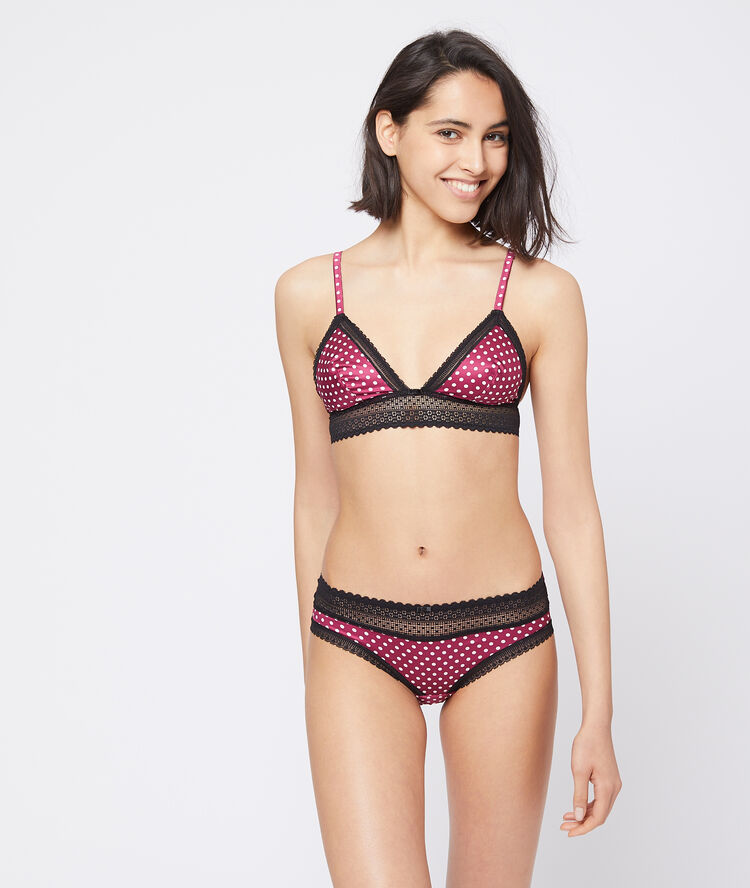 Braguita de satén y encaje, estampado de lunares violeta.
