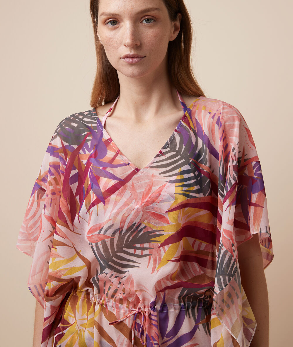 Vestido playero estampado tropical multicolor.